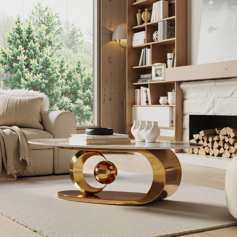 Cogliandro 51.2" Oval Faux Marble Coffee Table, Gold Stainless Steel Base With Abstract Fantastic Midsize Sphere Crescent-Shaped Design