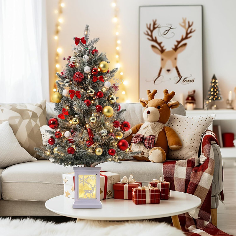 Arbre de Noël illuminé 3 pi avec 78 lumières DEL, arbre artificiel avec flocons de neige et baies rouges, base en wapiti blanc pour la maison, le porche, le bureau, la décoration de fête