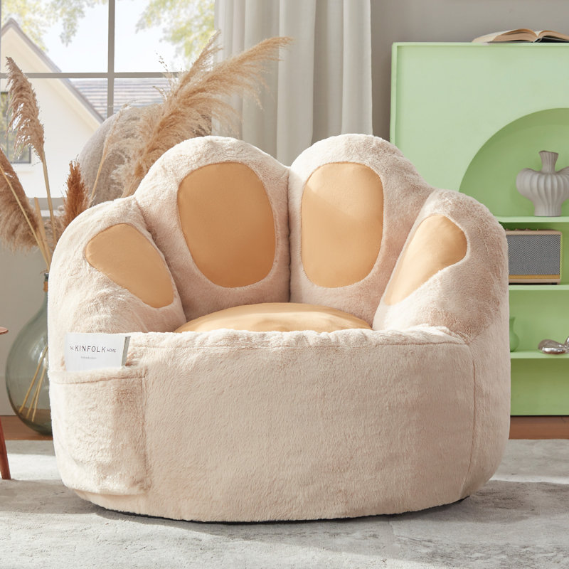 39" Cat Paw Bean Bag Chair with Side Storage Pocket, Plush Faux Fur and Memory Foam Filling, Beige Faux Fur