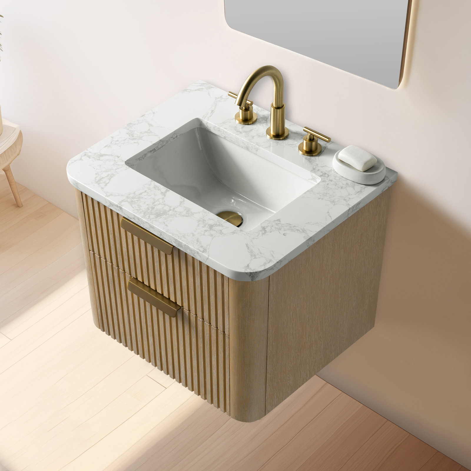 Liljan 24'' Wall-Mounted Single Bathroom Vanity with Engineered Stone Top, Classic Oak/Brushed Bronze