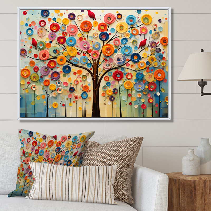 Arbre abstrait coloré 3 - Art mural africain, H 12 po x l 20 po x P 1 po, Cadre flottant brun