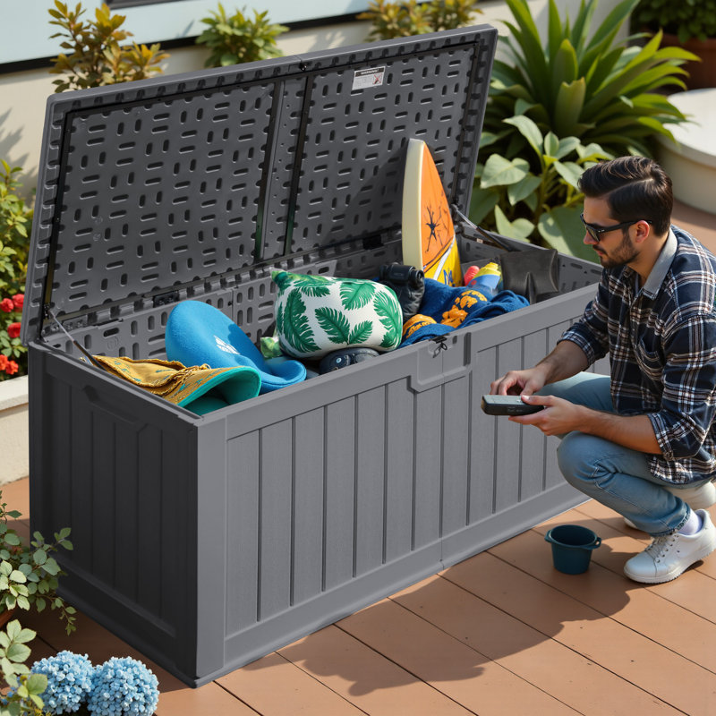 245 Gallon Thick-Walled Resin Deck Box, Indoor Outdoor Lockable Storage Box With Removable Dividers, Gray