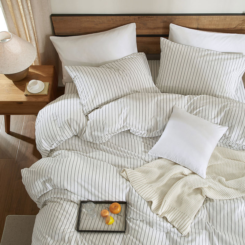 Ensemble de housse de couette à rayures 100% coton délavé Life, Housse de couette grand + 2 taies d'oreiller, Blanc/Noir