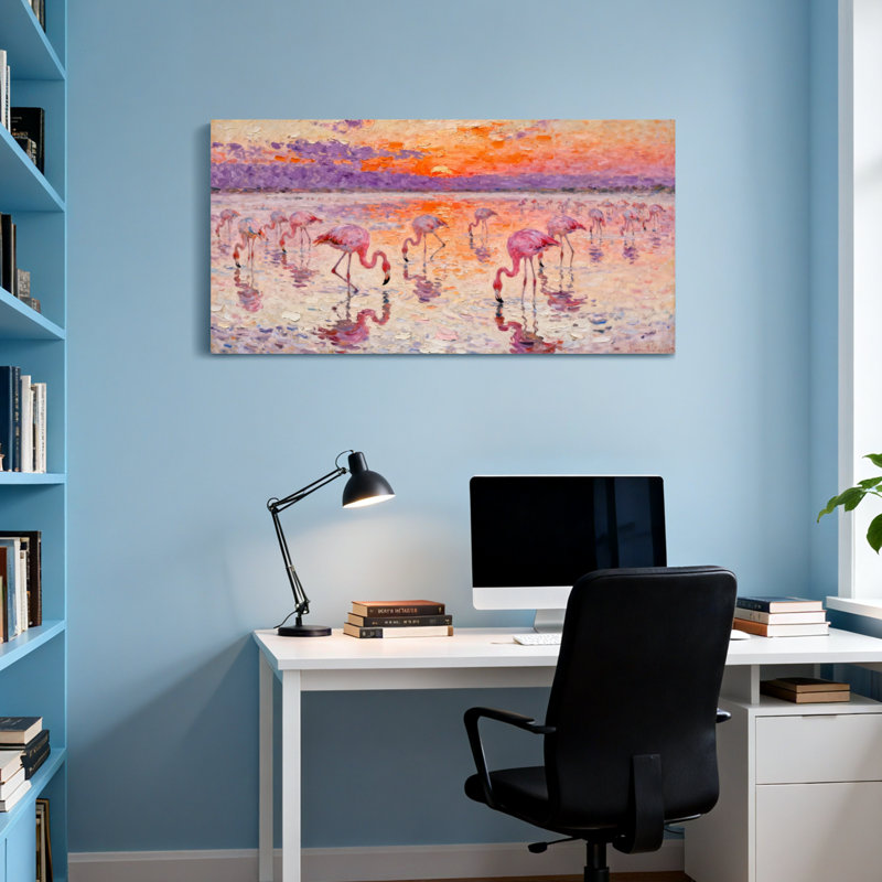 Animaux flamants roses au coucher du soleil, H 16 po x l 32 po