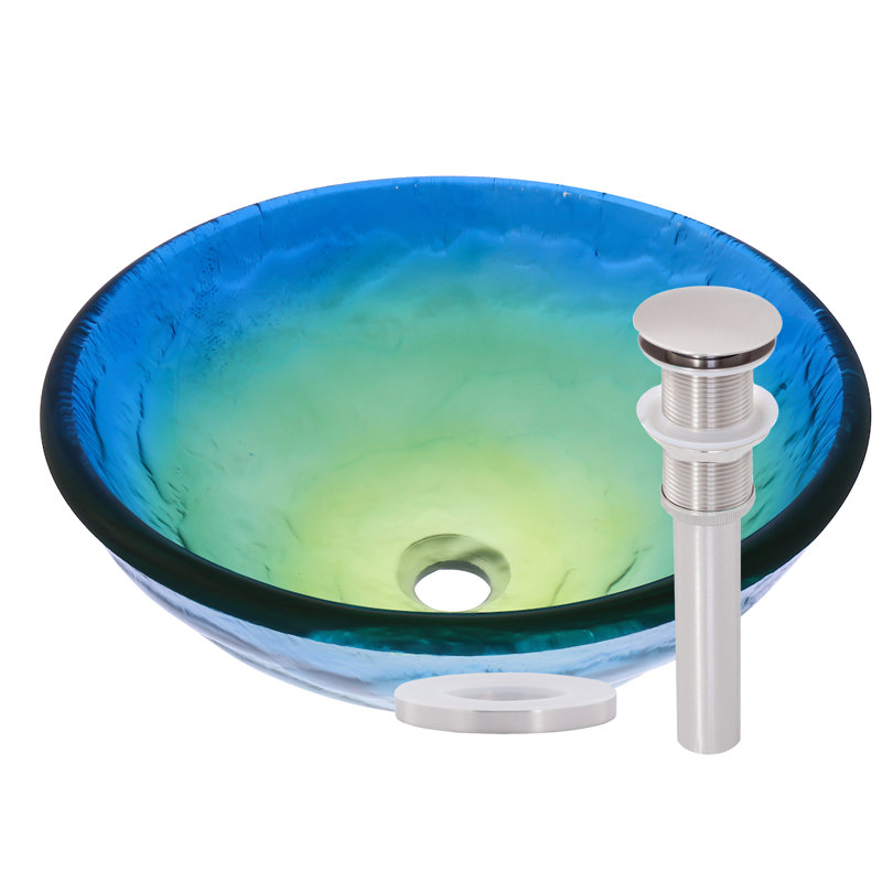 Novatto 16.5'' Blue/Green Glass Circular Bathroom Sink, Brushed Nickel