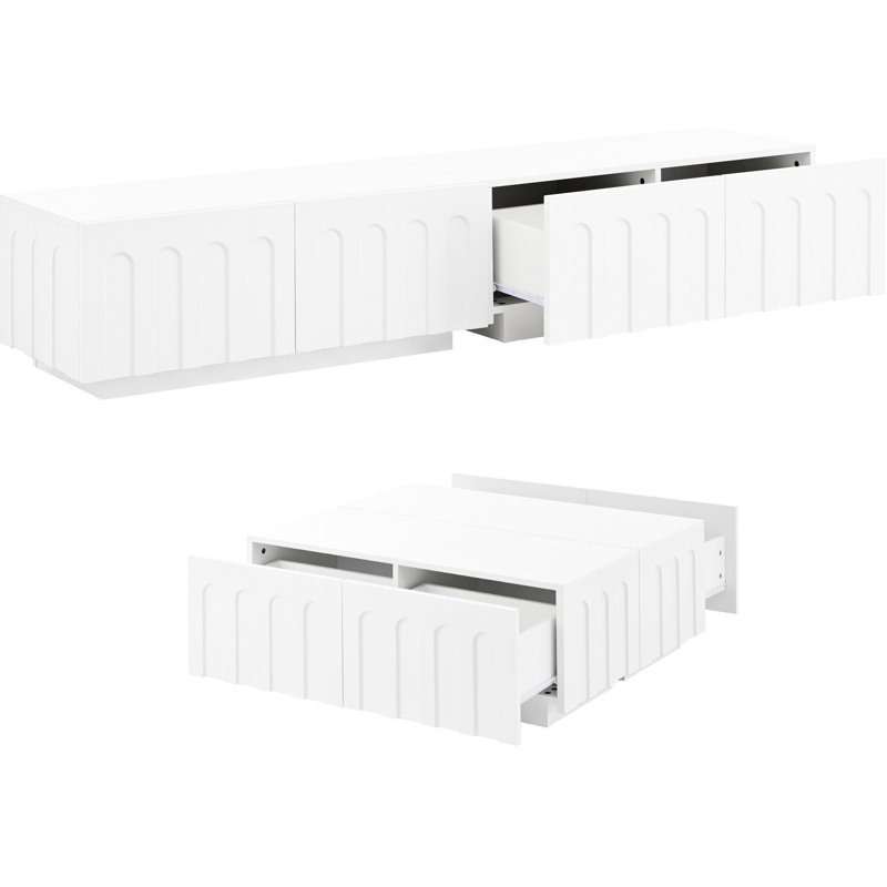Meuble télé moderne blanc et table basse, conception arquée pour un attrait élégant dans la maison, configuration polyvalente à la maison, rangement spacieux à 8 tiroirs, différents décors intérieurs convenables, fait de