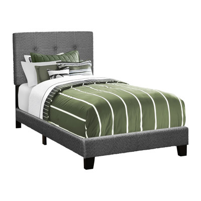 Youth Bedroom Twin Size Upholstered Bed Frame In Dark Grey Boucle - Transitional Look, Solid Wood And Frame, Button Headboard, Black Plastic Feet For Use Teenagers' Living Style, Wood, Wooden Slats,
