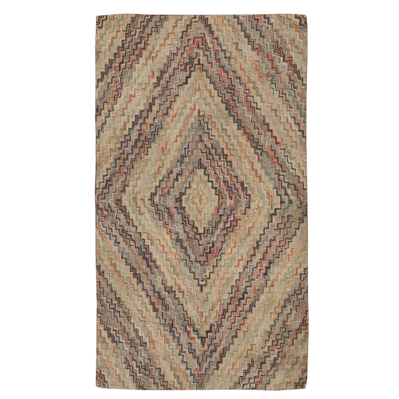 Antique Geometric Medallion Wool &amp; Cotton Hooked - Loop Pile Ivory Beige Cream White 1920s Rug