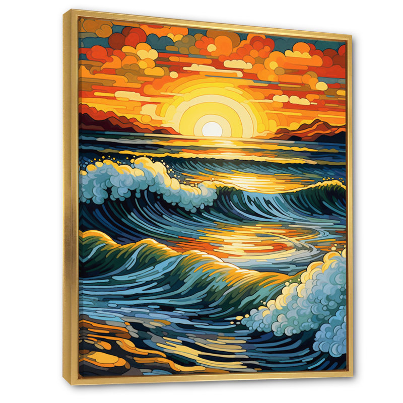 «Bright Sunset of Waves Breaking At The Shore III», reproduction sur toile, H 32 po x l 24 po x P 1 po, Cadre flottant doré