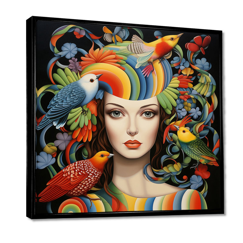 Jungle Beauty Birds Tropical Flowers II - Abstract Collages, art mural, Cadre flottant noir, H 16 po x l 16 po