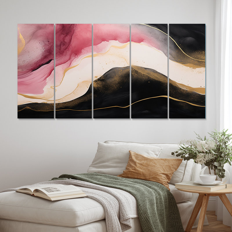 Abstract Gold Wave Pink And Black - Abstract Wall Art Living Room - 5 Equal Panels