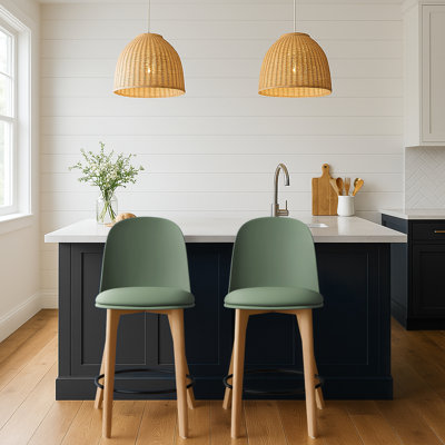 Seat Height Molded Plastic Modern Counter Stools with Backs and Cushion Armless Natural Legs Wood Eiffel Legs, Green