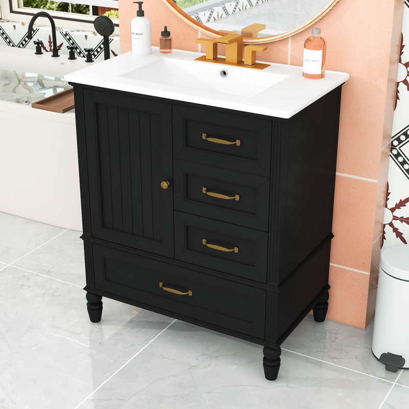 Meuble-lavabo de salle de bain avec une porte et trois tiroirs, Noir, noir, noir, noir
