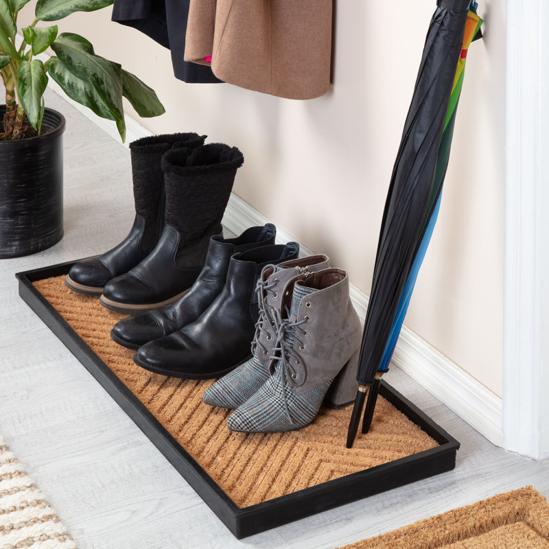 Eco-Friendly 14" x 34" Tan Cross Embossed Heavy-Duty Rubber Boot Tray with Raised Edge for Muddy Shoes, Garden Tools & Pet Supplies — Indoor/Outdoor
