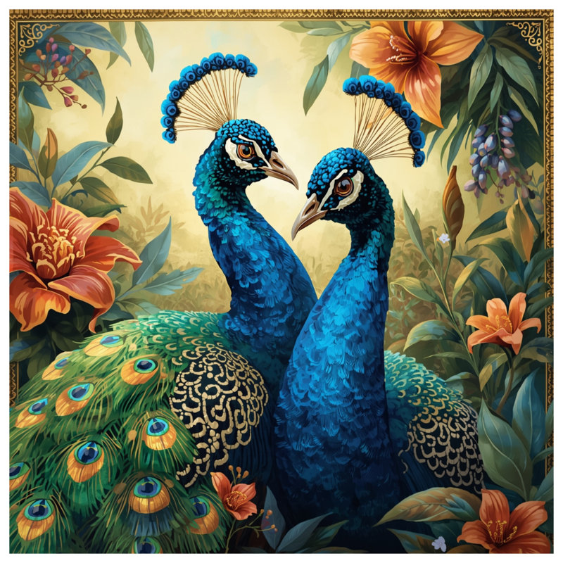 Paons bleus avec couvertures de fleurs, L 60 po x H 80 po