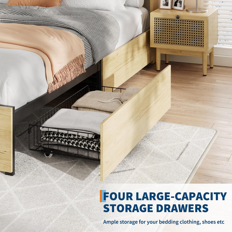 Bed Frame With Natural Rattan Headboard, 4 Storage Drawers, Full