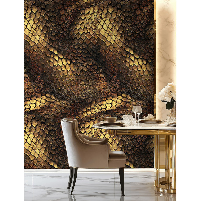 Gold Dragon Peel And Stick Wallpaper Metallic Scale Mural Luxe Wall Decor