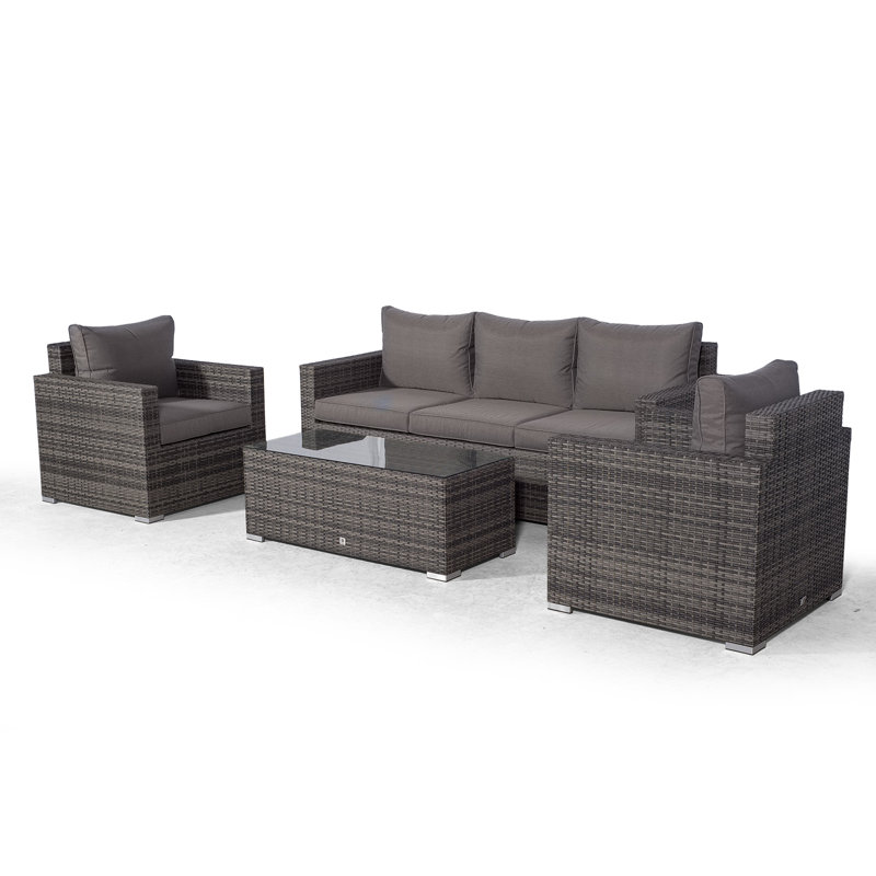 Villatoro Grey Rattan 3 Seat Sofa + 2 X Armchairs & Rectangle Coffee Table, Outdoor Patio Garden Furniture
