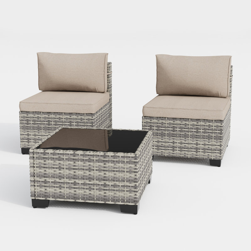 Ensemble 3 pièces d'extérieur en osier avec table basse, coussins et pieds réglables, Noir