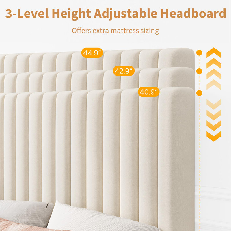 Bed Frame with 3-Level Adjustable Headboard, Full Bed Frame Vertical Channel Tufted, Velvet Upholstered Platform, Wooden Slats Support