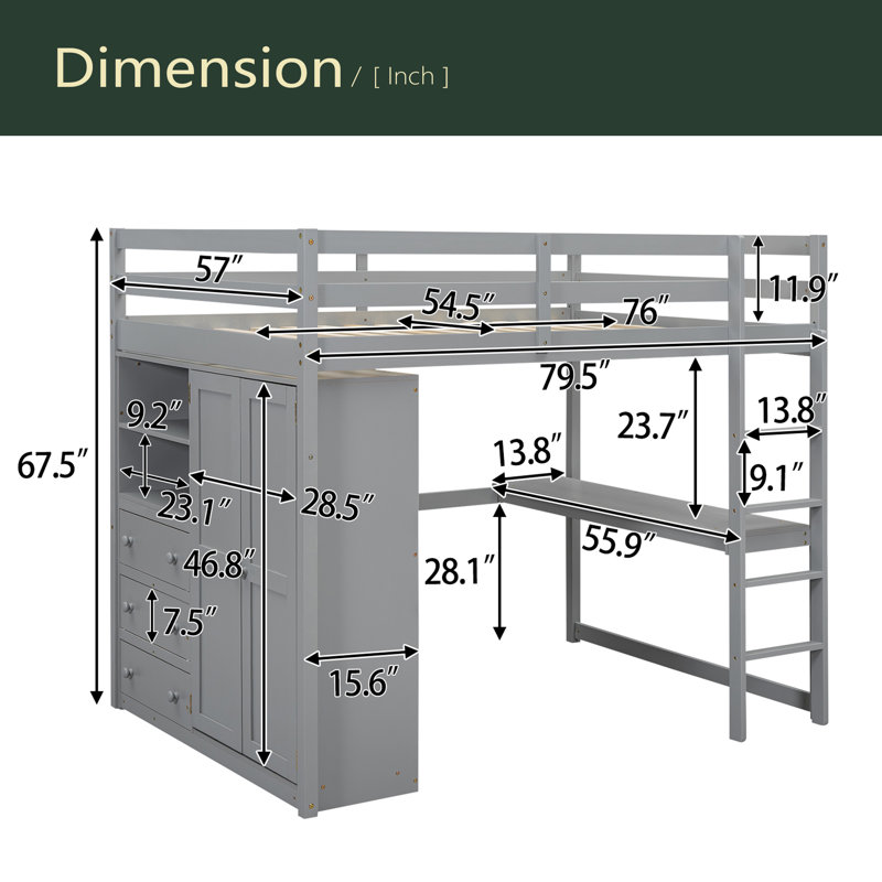 Wood Full Size Loft Bed With Built-In Wardrobe, Grey