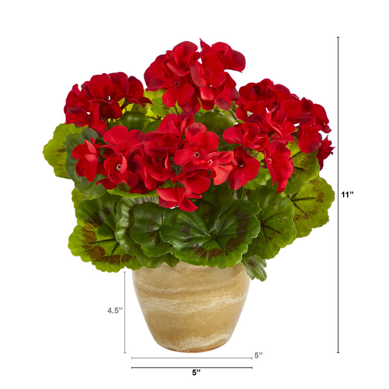 Red Geranium Artificial Plant in Ceramic Planter, 11-inch