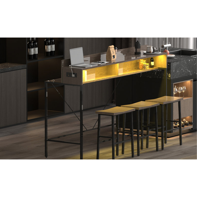 Table de bar 59 po, tabourets de selle confortables, prise de courant, DEL, tablettes de rangement, cuisine haute densité, table de 59 po derrière la maison avec 3 tabourets de selle, tablettes à double couche, prises encastrées et CA,