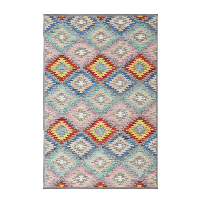Tapis de zone rouge/jaune/rose contemporaine, Rectangle 4 pi x 6 pi