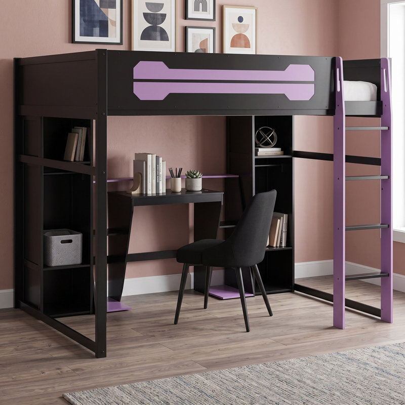 Lit mezzanine double en bois avec bureau intégré, éclairage à DEL RVB et station de charge, Black Purple