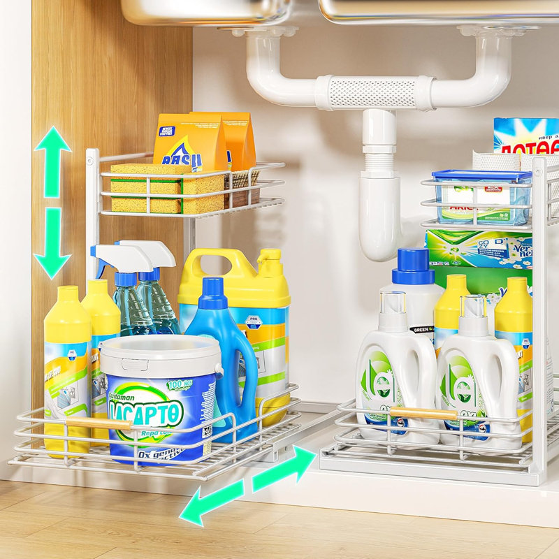 Ensemble de 2 organisateurs sous évier, tablette de rangement coulissante réglable en hauteur pour garde-manger de cuisine, conception en forme de L convenant aux tuyaux, fabrication en métal durable