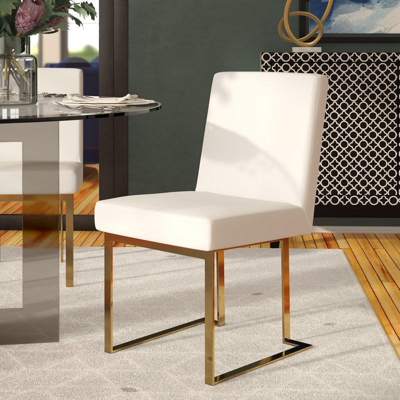 Pangea Home Dexter Modern Upholstered Faux/Vegan Leather Dining Side Chair (Set of 2) – Upholstered Dining Chairs with Steel Legs, Contemporary Kitchen & Dining Room Seating - White with Gold Legs