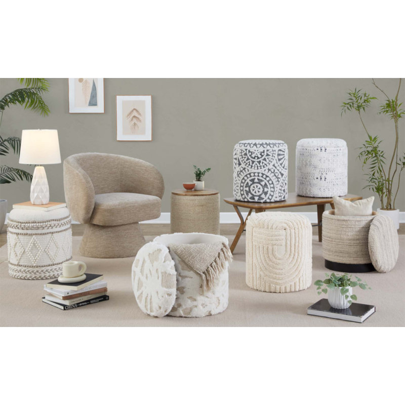Repose-pieds en laine et métal tissé à la main avec couvercle amovible, parfait pour une utilisation polyvalente et un décor intérieur.