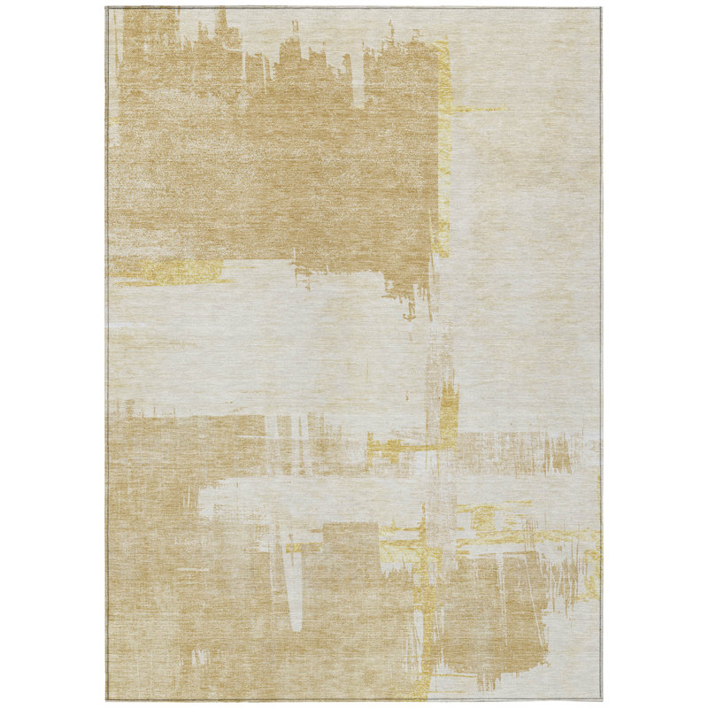 Tapis extérieur lavable abstrait beige et doré 5 pi x 8 pi