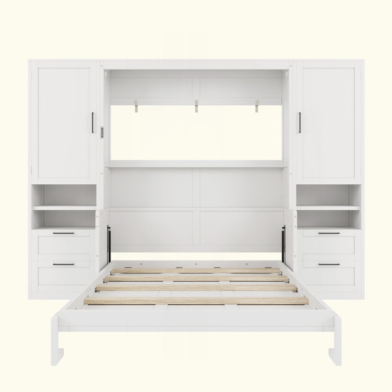 Lit escamotable Murphy avec placard, tiroirs et tablettes, Blanc, Grand