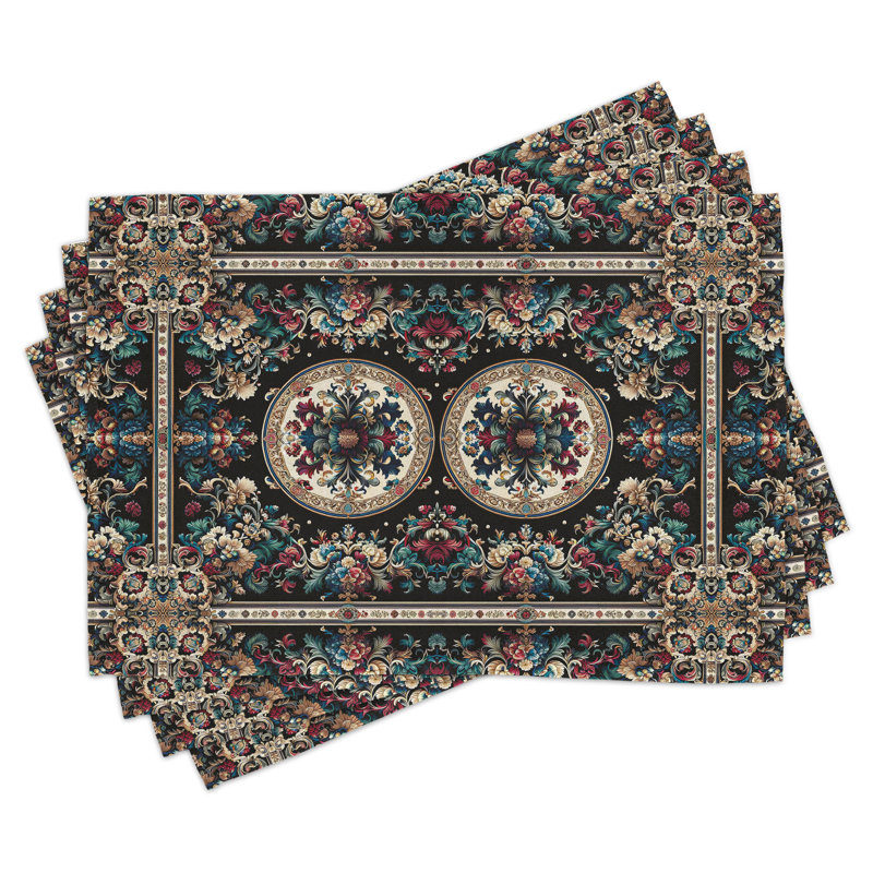 Beige and Seafoam Polyester Floral Table Runner and Placemats Set