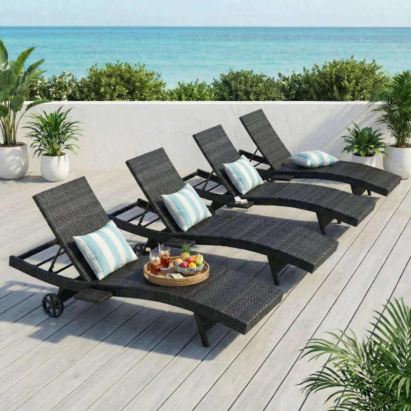 Ensemble de chaise longue de 80 po en osier de patio, fauteuil inclinable d'extérieur en rotin avec roulettes, table d'appoint coulissante, dossier réglable pour le bord de la piscine