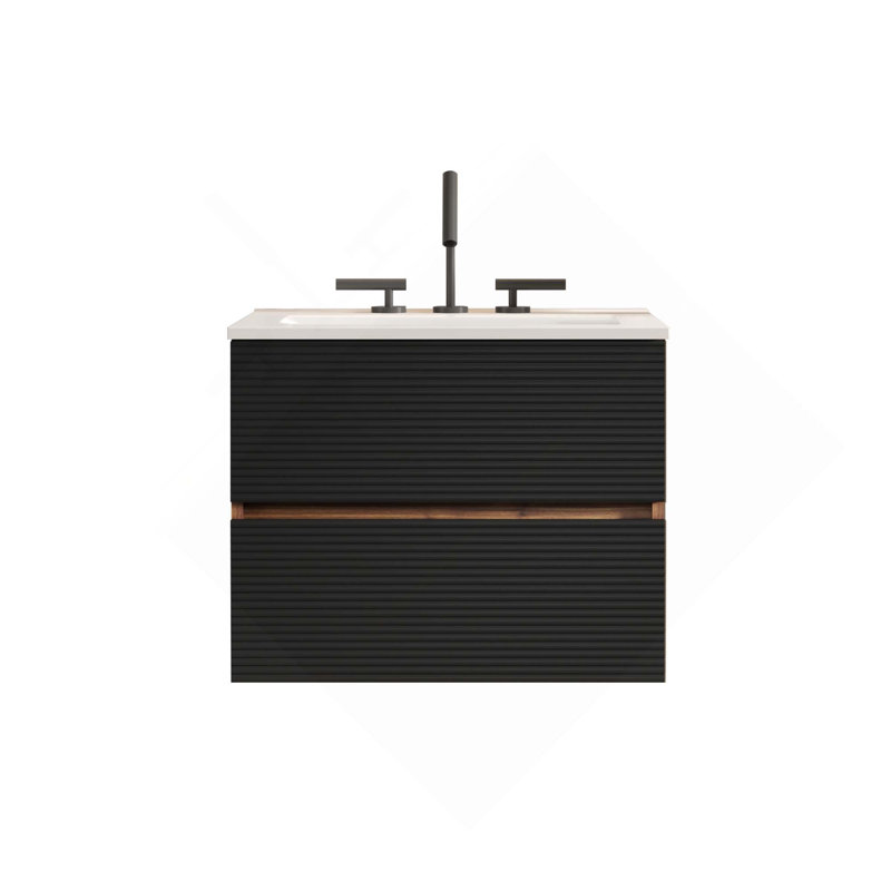 Meuble-lavabo mural avec lavabo en céramique intégré à 3 trous et trop-plein (sans armoire murale à côté), Noir / brun, 24"