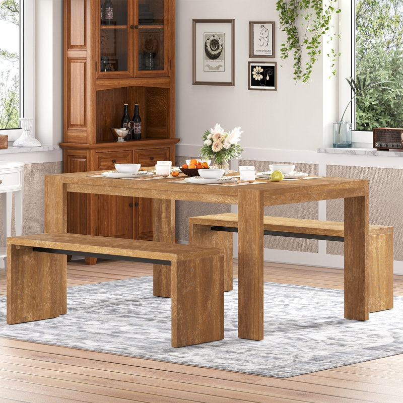 L'ensemble de salle à manger 3 pièces contient 2 bancs, Bois naturel délavé