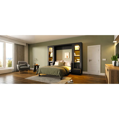 Grand lit plateforme escamotable avec tablette, armoires latérales, tiroirs et DEL