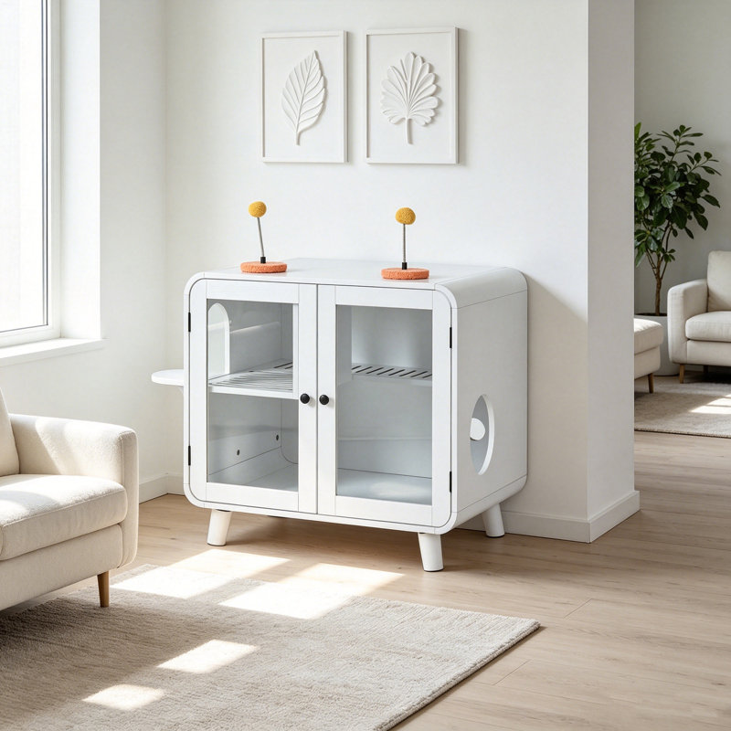 Enceinte de litière rétro pour chat avec portes en verre, éclairage intelligent RVB, meuble anti-traçage pour chat et litière cachée