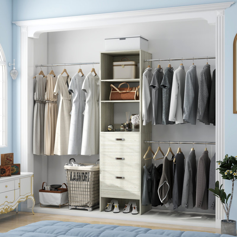 21"-96" Closet System With 3 Drawers And 3 Rods(Can Be Cut To Fit), Oak Wood