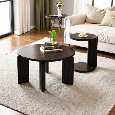 Arca Round Nesting Wood Coffee Table Set Of 2 With Walnut Veneer Top For Living Room