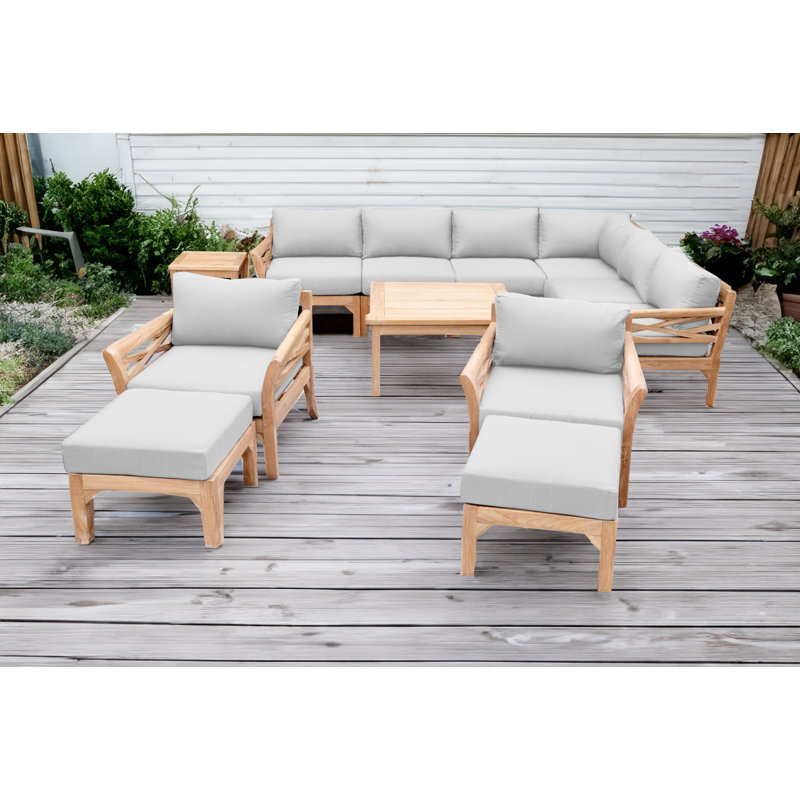 Monterey Outdoor Teak Conversation Set, 5 Pcs:  Sectional,Chair,Cushion,Table,Ottoman, Natural
