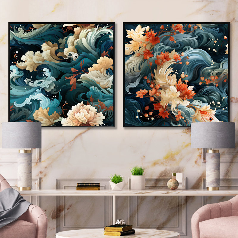 Xanthe - Ensemble de 2 collages abstraits carrés, Cadre flottant noir, H 36 po x l 73 po
