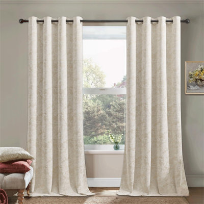 Beige Floral Jacquard Blackout Curtains 84 Inches Long 2 Panels for Bedroom Living Room Flower Chenille Room Darkening Thermal Insulated Soundproof Grommet Window Treatments Drapes 52x84x2