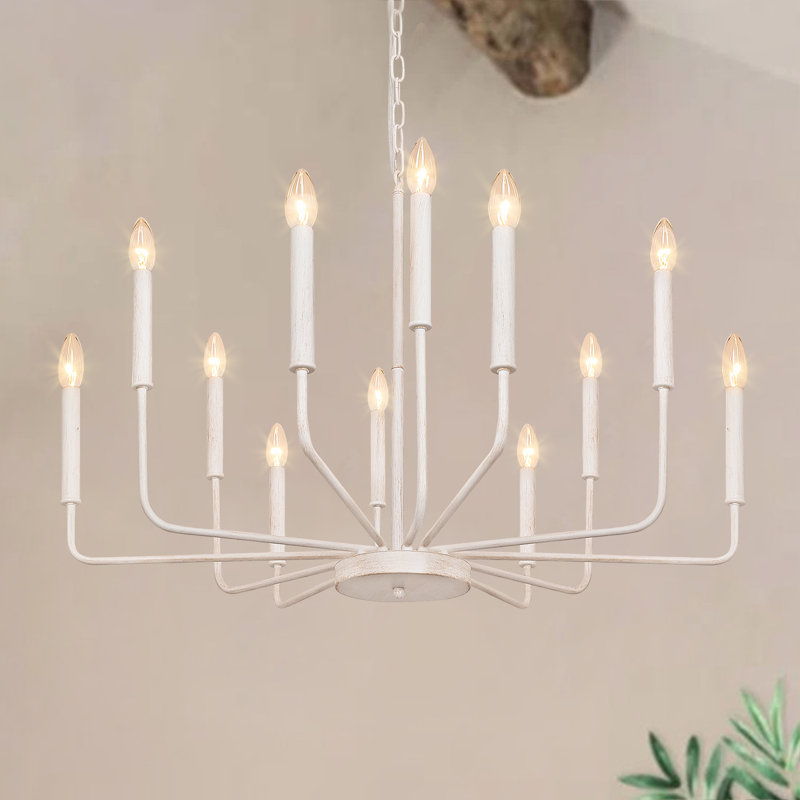 12- Light Dimmable candle Chandelier, Distressed White
