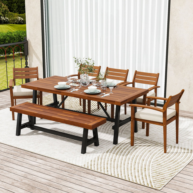 Ensemble repas d'extérieur 7 pièces avec coussins amovibles, fauteuils ergonomiques et banc