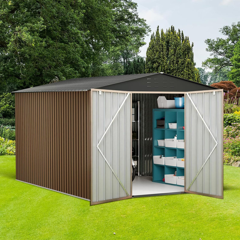 10x12 Ft Grey and Brown Galvanized Steel Outdoor Storage Shed with Lockable Doors for Extra Large Utility and Tool Storage