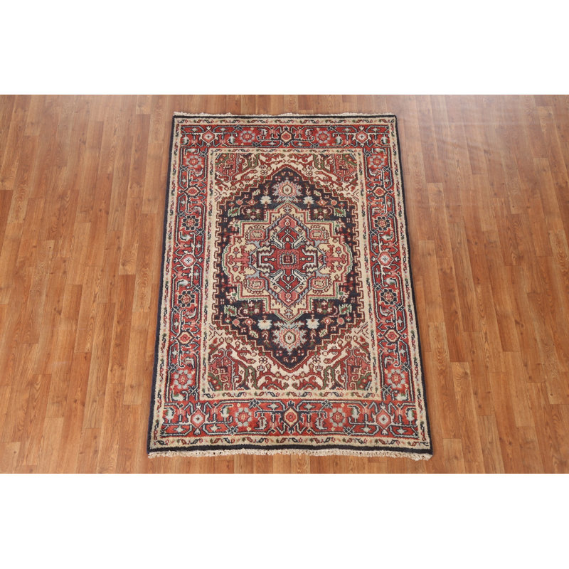 Tapis oriental géométrique en laine Heriz Serapi noué à la main 4 pi 1 po x 6 pi