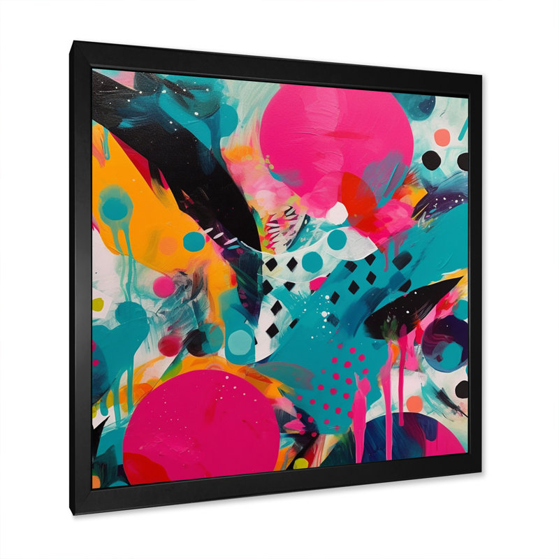 Art abstrait sur toile rose et turquoise abstraite I, H 36 po x l 36 po x P 1,5 po, Cadre simple noir